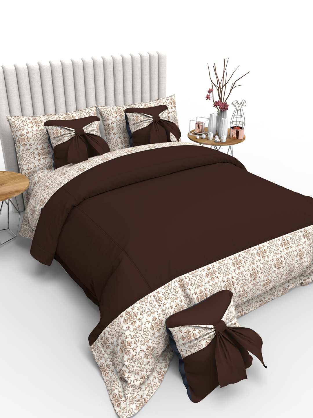 THE WHITE MOSS Brown Printed 6 Pcs Cotton King Size Bedding Set With Comforter