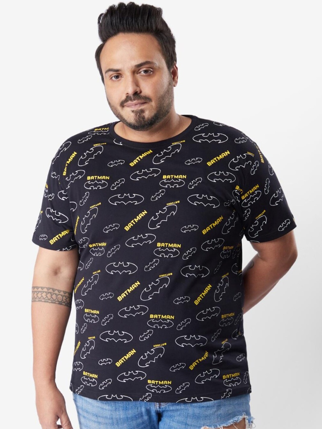 Bewakoof Plus Men Cotton Printed T-shirt, Black