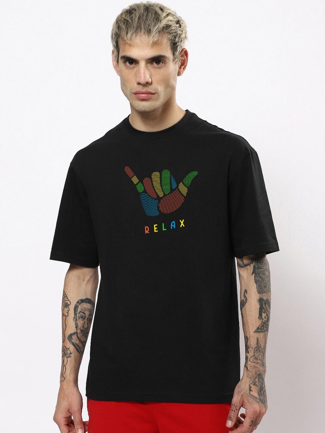 Bewakoof Men Typography Printed Loose Cotton T-shirt, Black