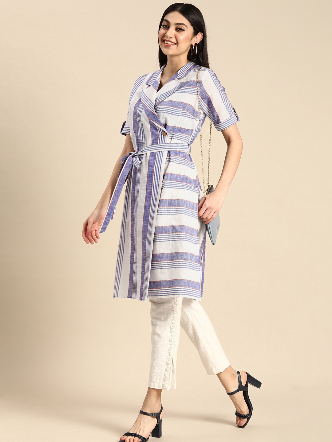Anouk Lapel Collar Roll-Up Sleeves Striped Pure Cotton Fusion Wrap Kurta With Belt, Purple
Anouk Lapel Collar Roll-Up Sleeves Striped Pure Cotton Fusion Wrap Kurta With Belt, Purple
