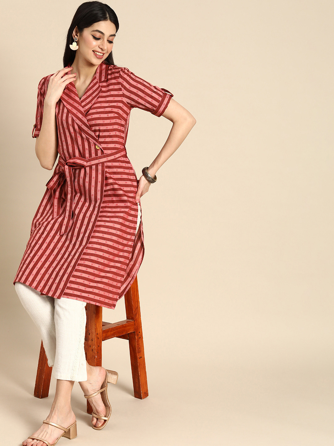 Anouk Lapel Collar Roll-Up Sleeves Striped Belted Fusion Wrap Kurta, Burgundy
Anouk Lapel Collar Roll-Up Sleeves Striped Belted Fusion Wrap Kurta, Burgundy