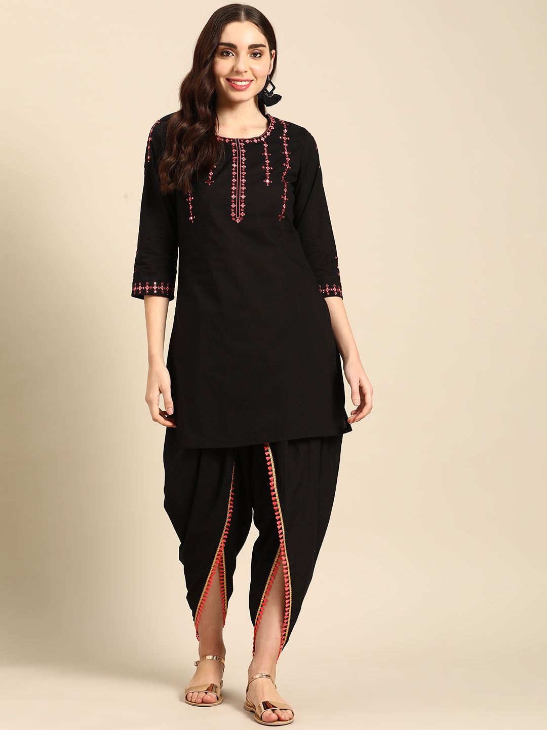 Sangria Women Floral Yoke Design Mirror Work Pure Cotton Kurta with Dhoti Pants, Black
Sangria Women Floral Yoke Design Mirror Work Pure Cotton Kurta with Dhoti Pants, Black