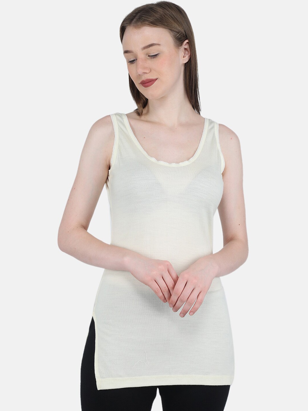Monte Carlo Women Knitted Pure Wool Thermal Top, Cream