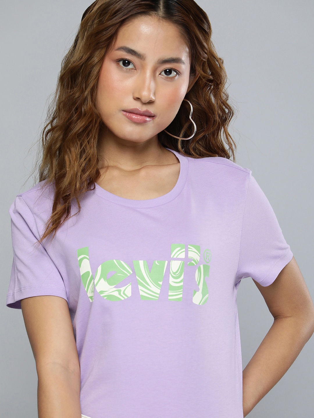 Levis Women Pure Cotton Brand Logo Printed T-shirt, Lavender