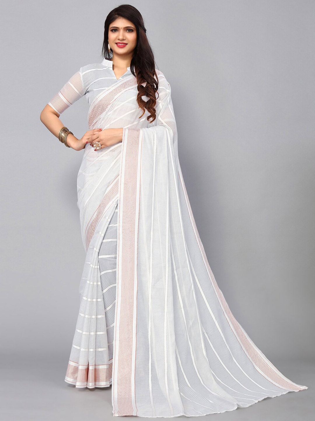 KALINI Striped Woven Design Zari Saree, Grey