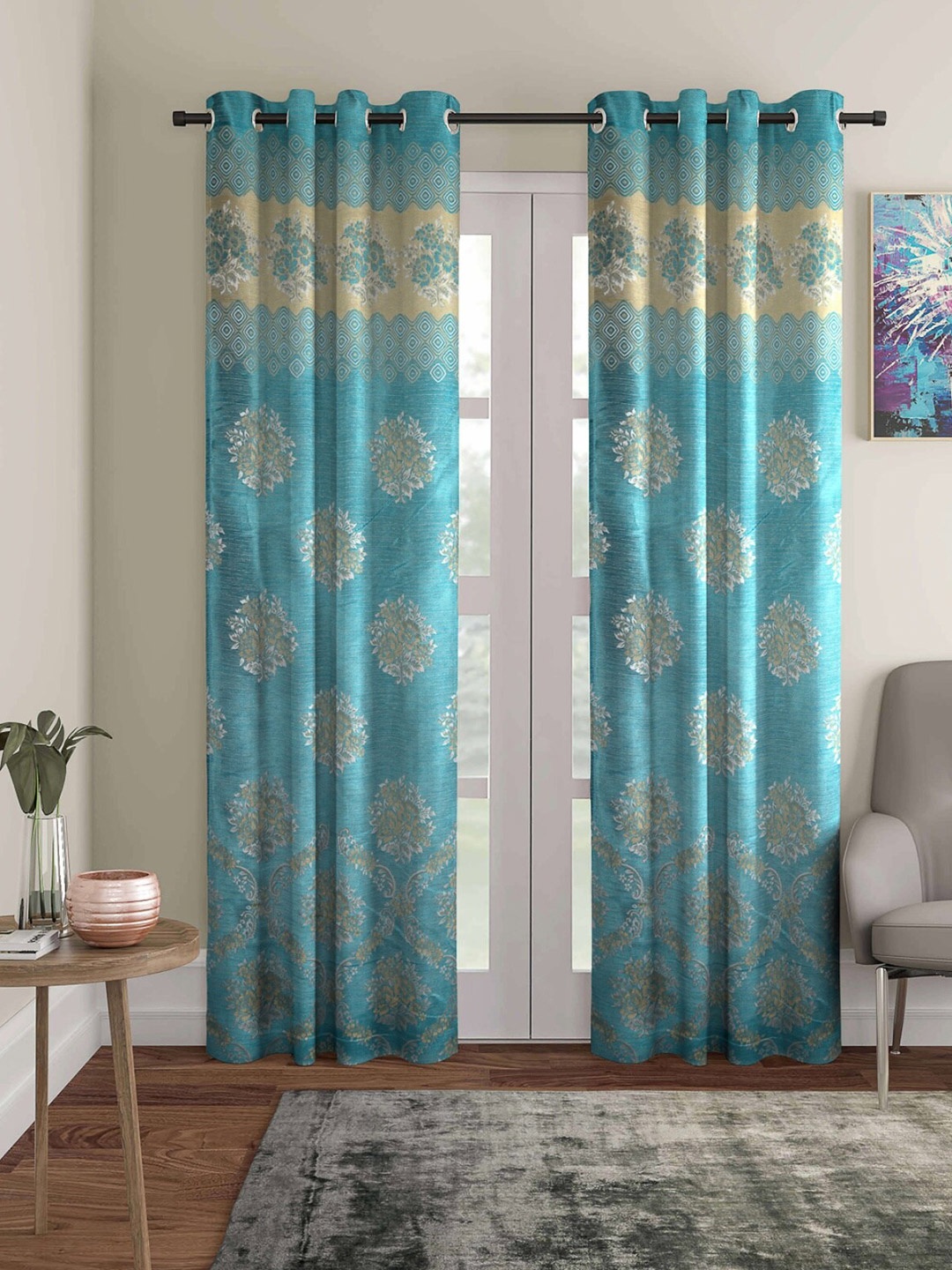 ROMEE Turquoise Blue & Beige Set of 2 Floral Jacquard Room Darkening Long Door Curtain
ROMEE Turquoise Blue & Beige Set of 2 Floral Jacquard Room Darkening Long Door Curtain