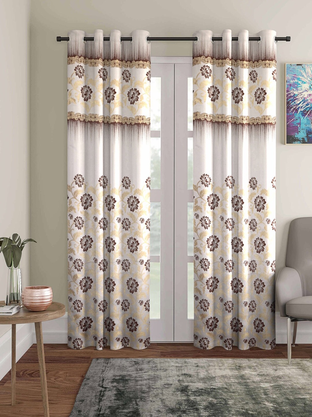 ROMEE White & Beige Set of 2 Floral Jacquard Room Darkening Long Door Curtains