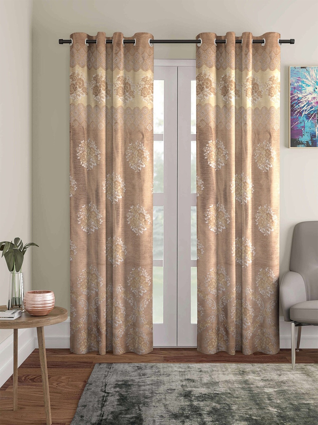 ROMEE Brown & Beige Set of 2 Floral Jacquard Room Darkening Long Door Curtain