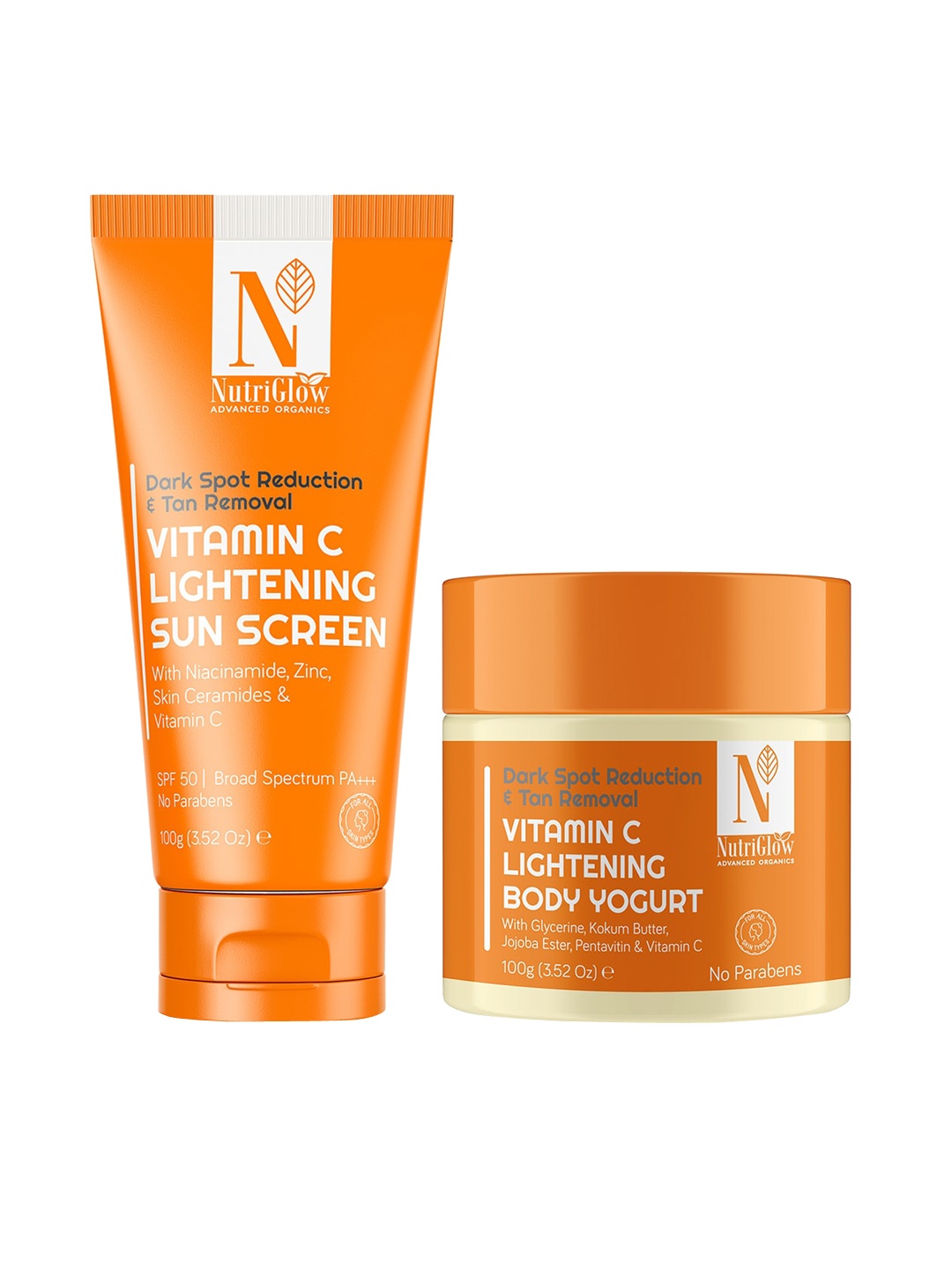 Nutriglow Advanced Organics Set of Vitamin C SPF 50 Sunscreen & Body Yogurt - 100 g each, Orange
Nutriglow Advanced Organics Set of Vitamin C SPF 50 Sunscreen & Body Yogurt - 100 g each, Orange