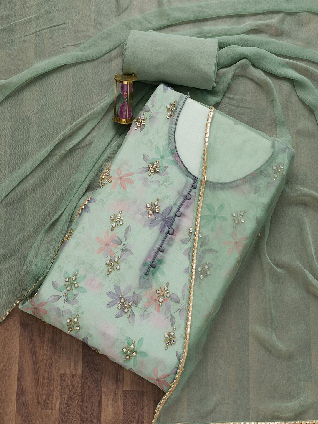 Koskii Printed Unstitched Dress Material, Green