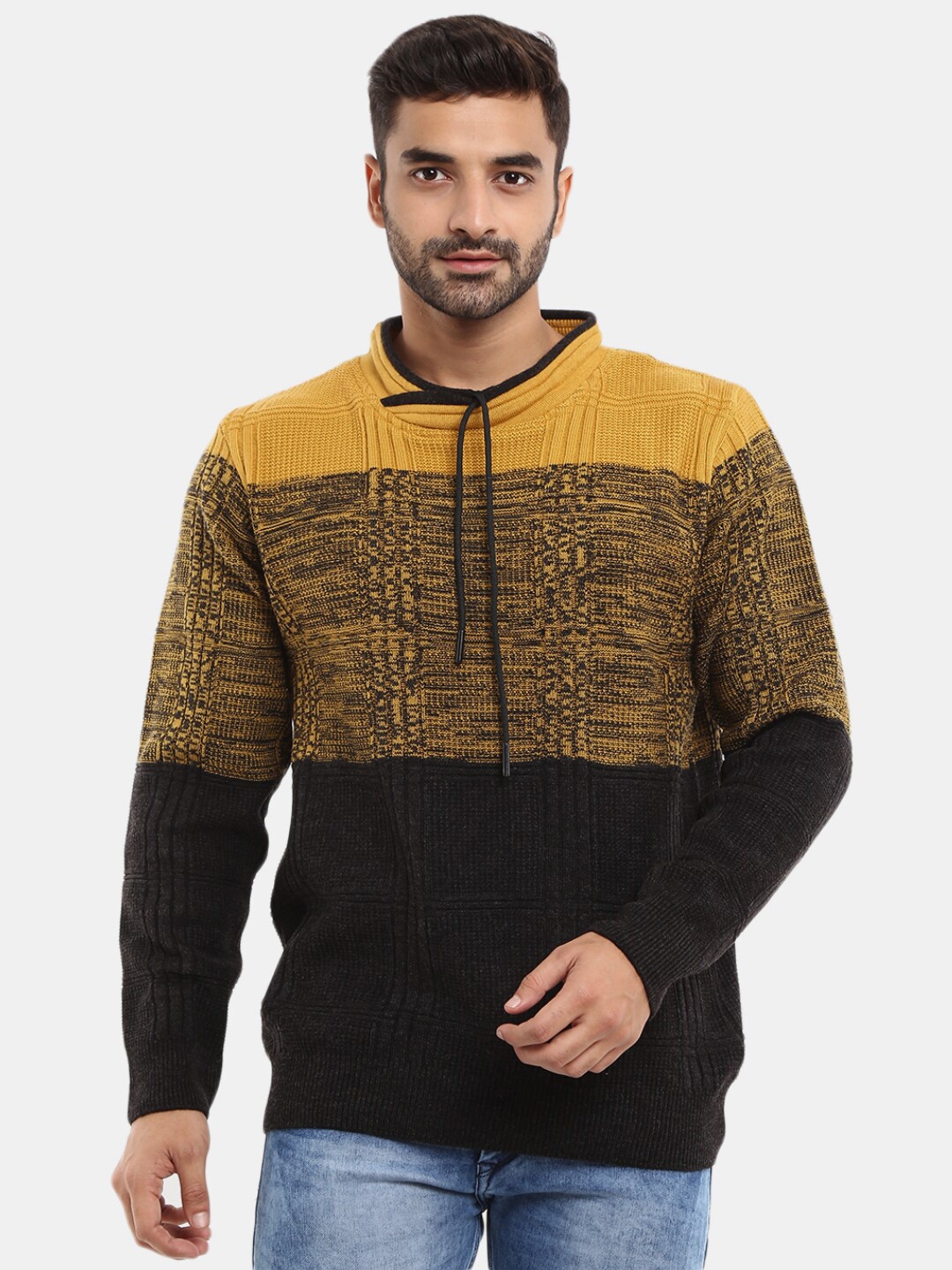 V-Mart Men Colourblocked Wool Sweatshirt, Mustard