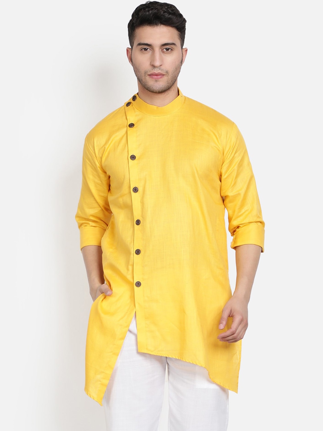 Armaan Ethnic Men Solid Angrakha Cotton Kurta, Yellow
