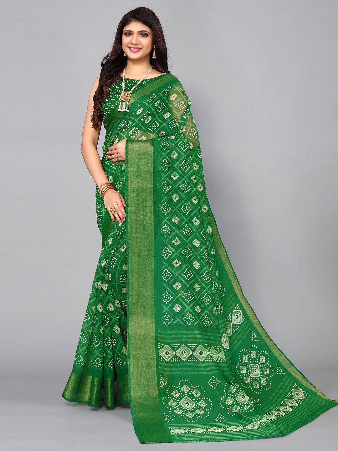 KALINI Bandhani Zari Bandhani Saree, Green