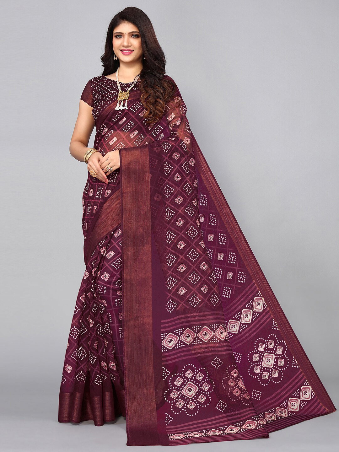 KALINI Bandhani Zari Bandhani Saree, Purple
