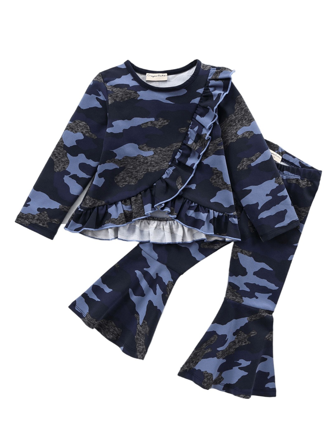 CrayonFlakes Girls Camouflage Printed Ruffles Details Top with Bootcut Trousers, Navy blue
CrayonFlakes Girls Camouflage Printed Ruffles Details Top with Bootcut Trousers, Navy blue