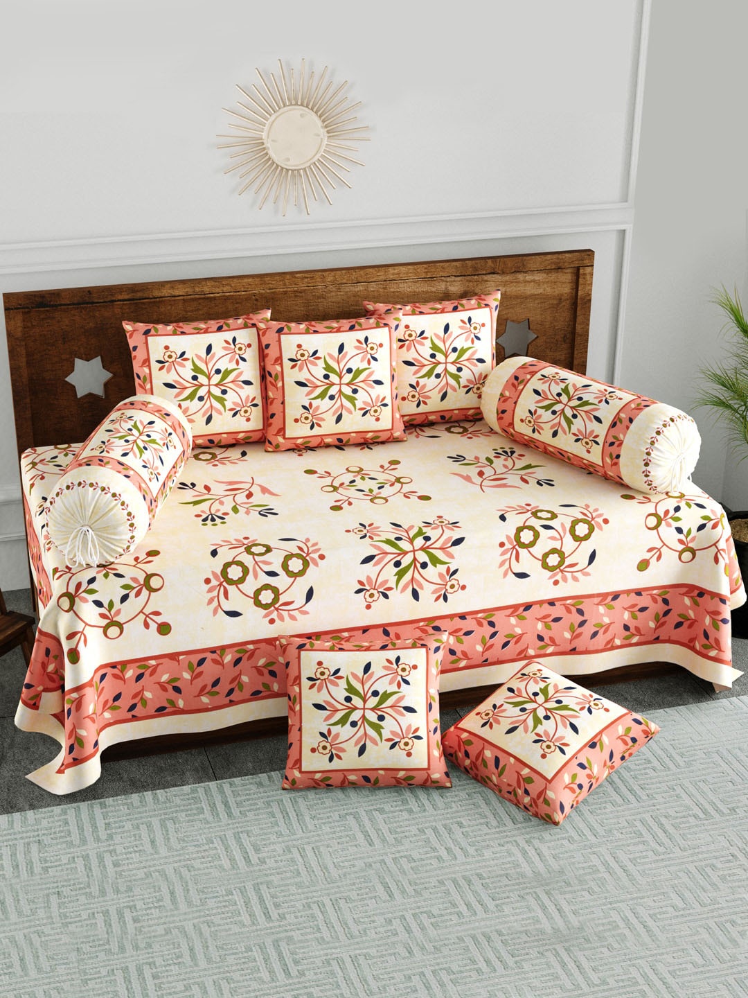 BLOCKS OF INDIA Set Of 8 Peach-Coloured & Cream-Coloured Floral Printed Pure Cotton Diwan Set
BLOCKS OF INDIA Set Of 8 Peach-Coloured & Cream-Coloured Floral Printed Pure Cotton Diwan Set