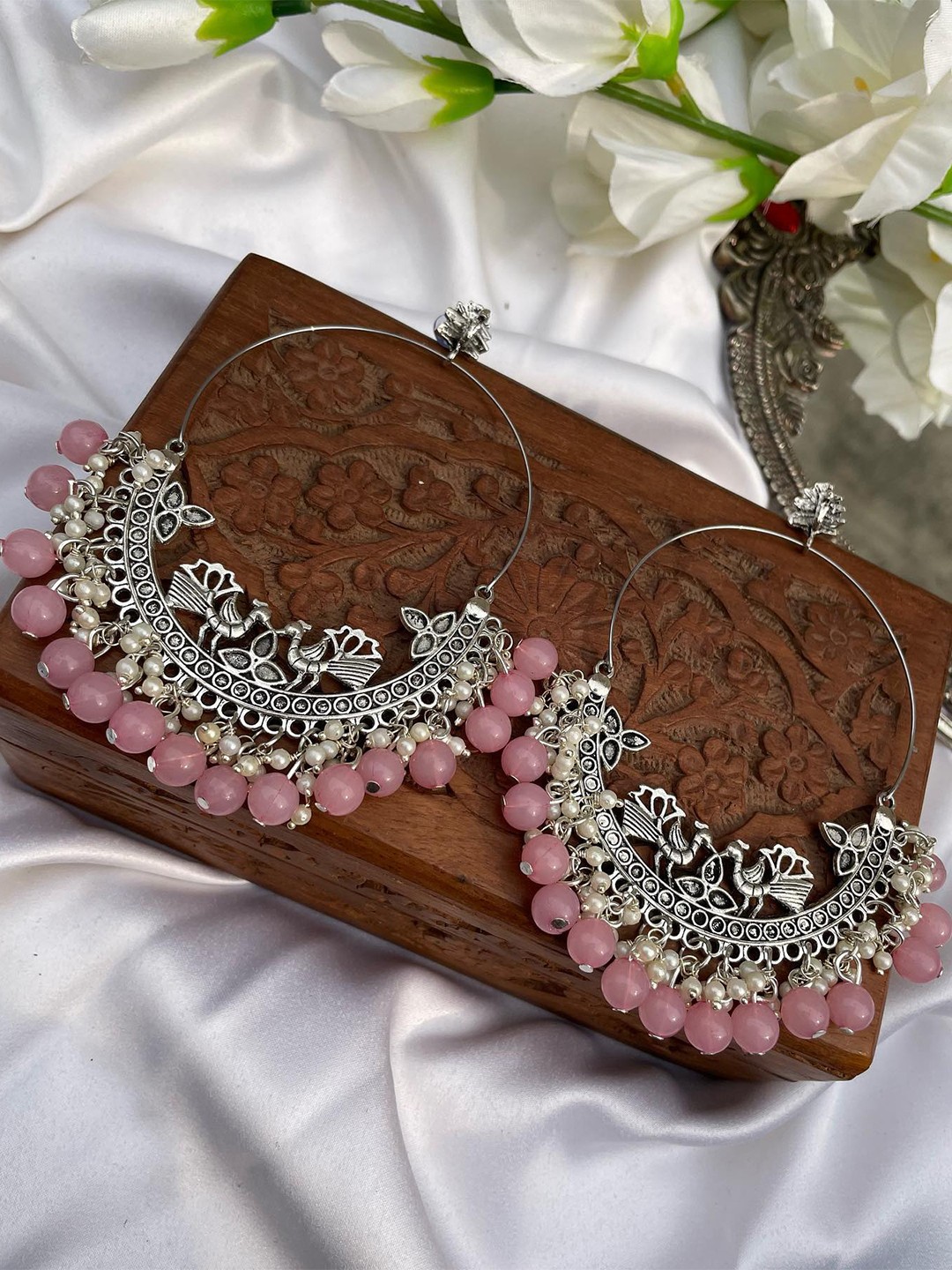 Krelin Silver-Plated Oxidised Kundan Classic Chandbalis Earrings, Peach