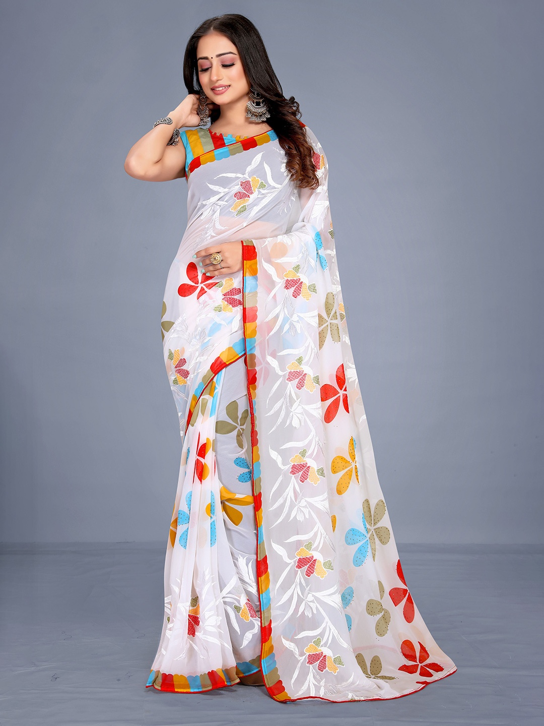 VENISA Floral Bagh Saree, White