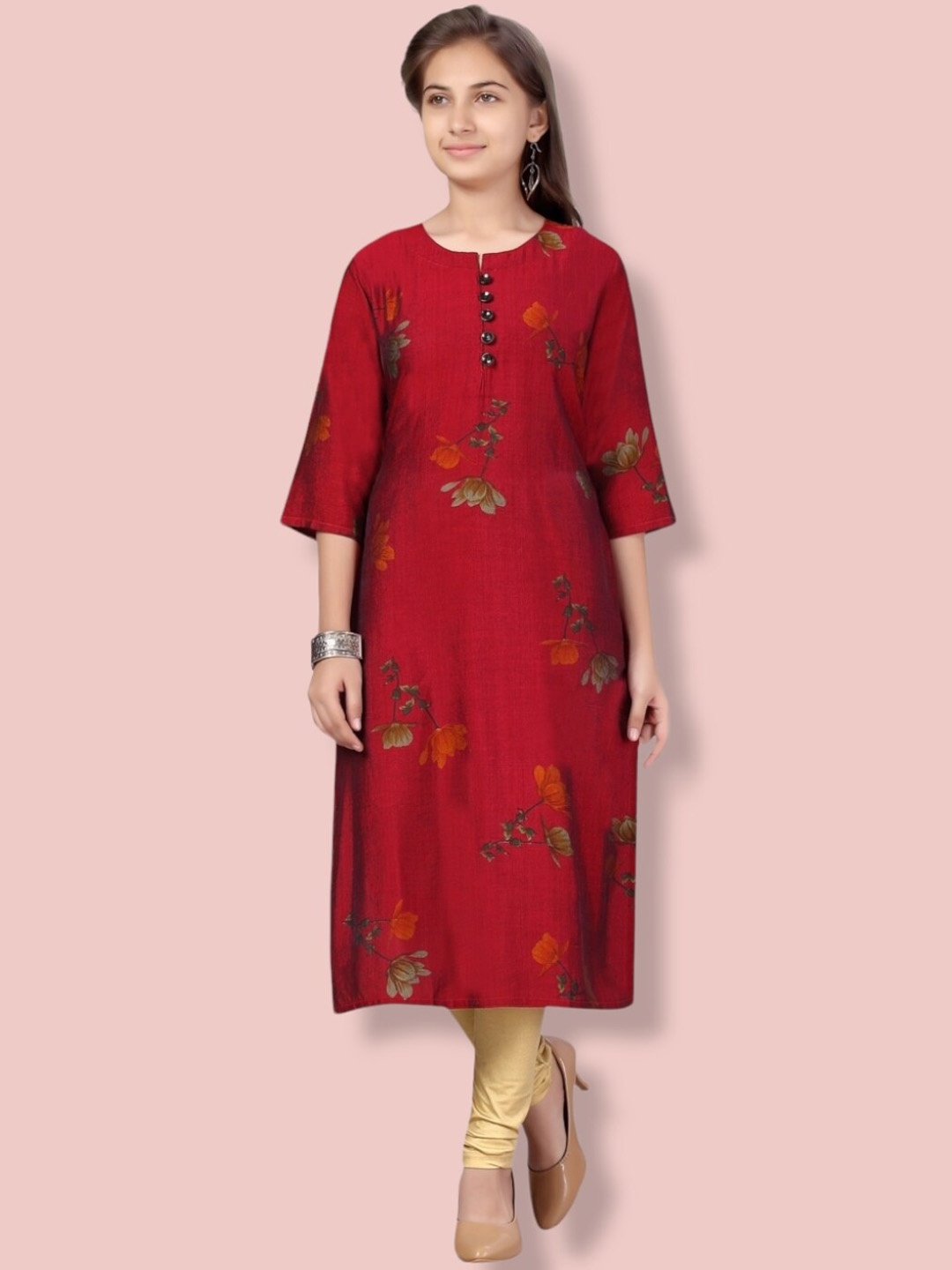 Aarika Girls Floral Printed Kurta, Maroon