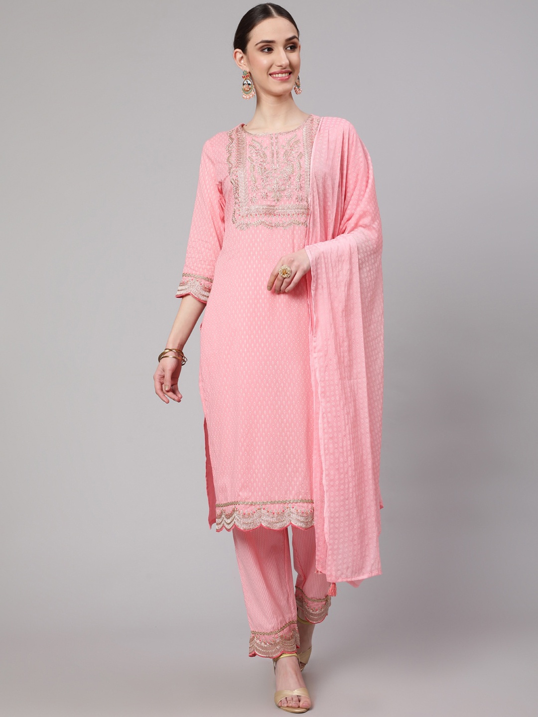 Nehamta Women Ethnic Motifs Printed Thread Work Pure Cotton Kurta With Trousers & Dupatta, Pink
Nehamta Women Ethnic Motifs Printed Thread Work Pure Cotton Kurta With Trousers & Dupatta, Pink