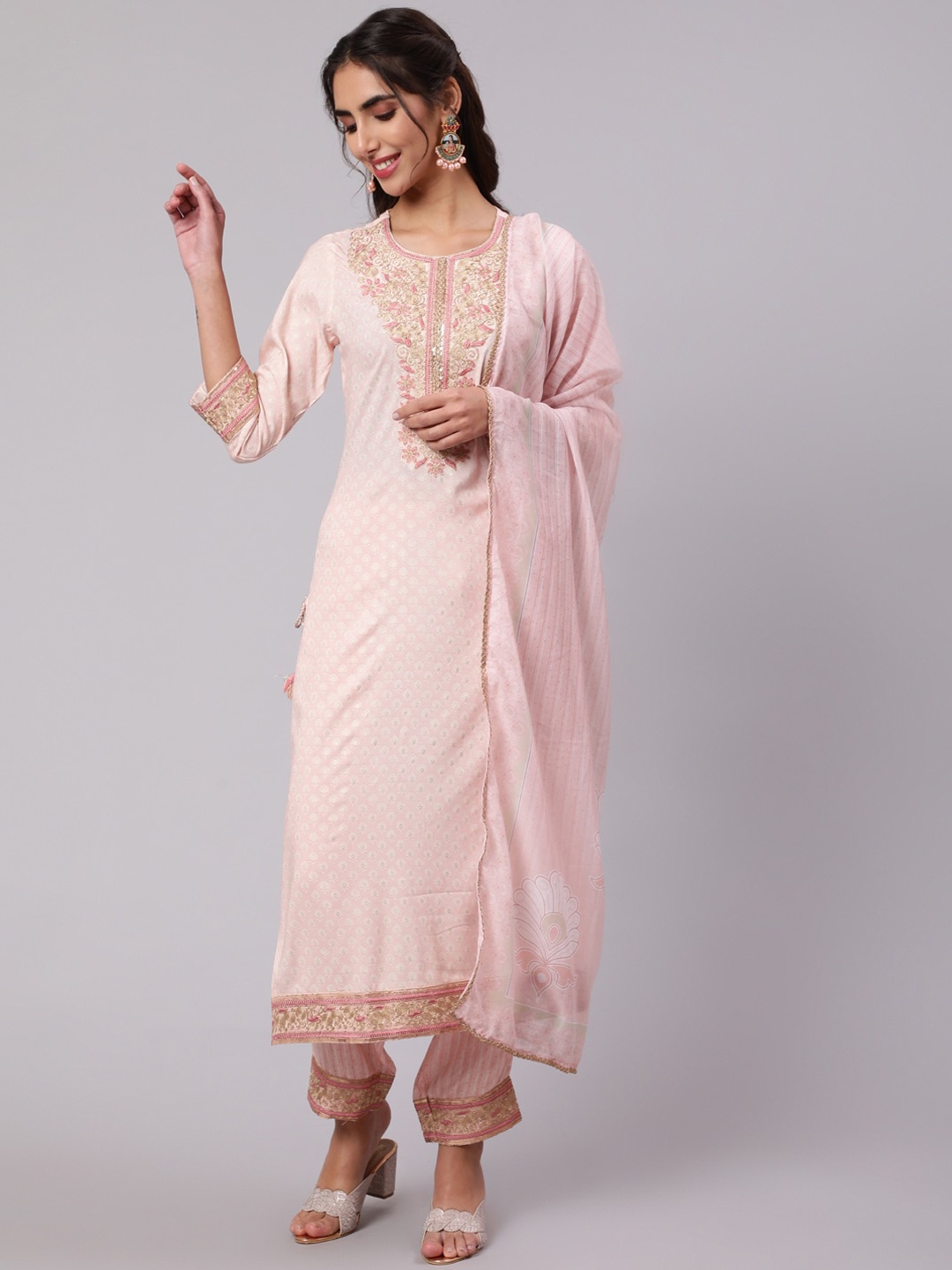 Nehamta Women Floral Yoke Design Sequinned Kurta with Trousers & With Dupatta, Peach
Nehamta Women Floral Yoke Design Sequinned Kurta with Trousers & With Dupatta, Peach