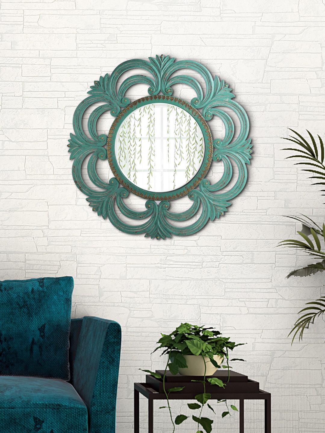 Aapno Rajasthan Vintage Style Teal-green Brass Work Textured Wooden Framed Wall Mirror
Aapno Rajasthan Vintage Style Teal-green Brass Work Textured Wooden Framed Wall Mirror