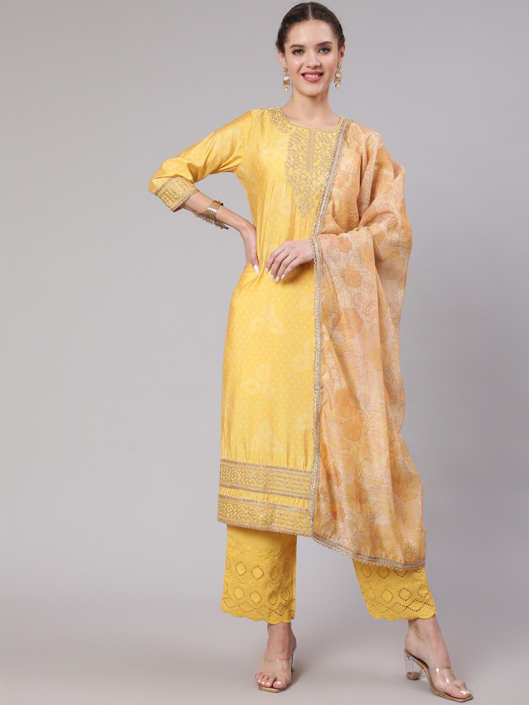 KALINI Bandhani Embroidered Beads and Stones Chanderi Silk Kurta with Palazzos & With, Mustard
KALINI Bandhani Embroidered Beads and Stones Chanderi Silk Kurta with Palazzos & With, Mustard