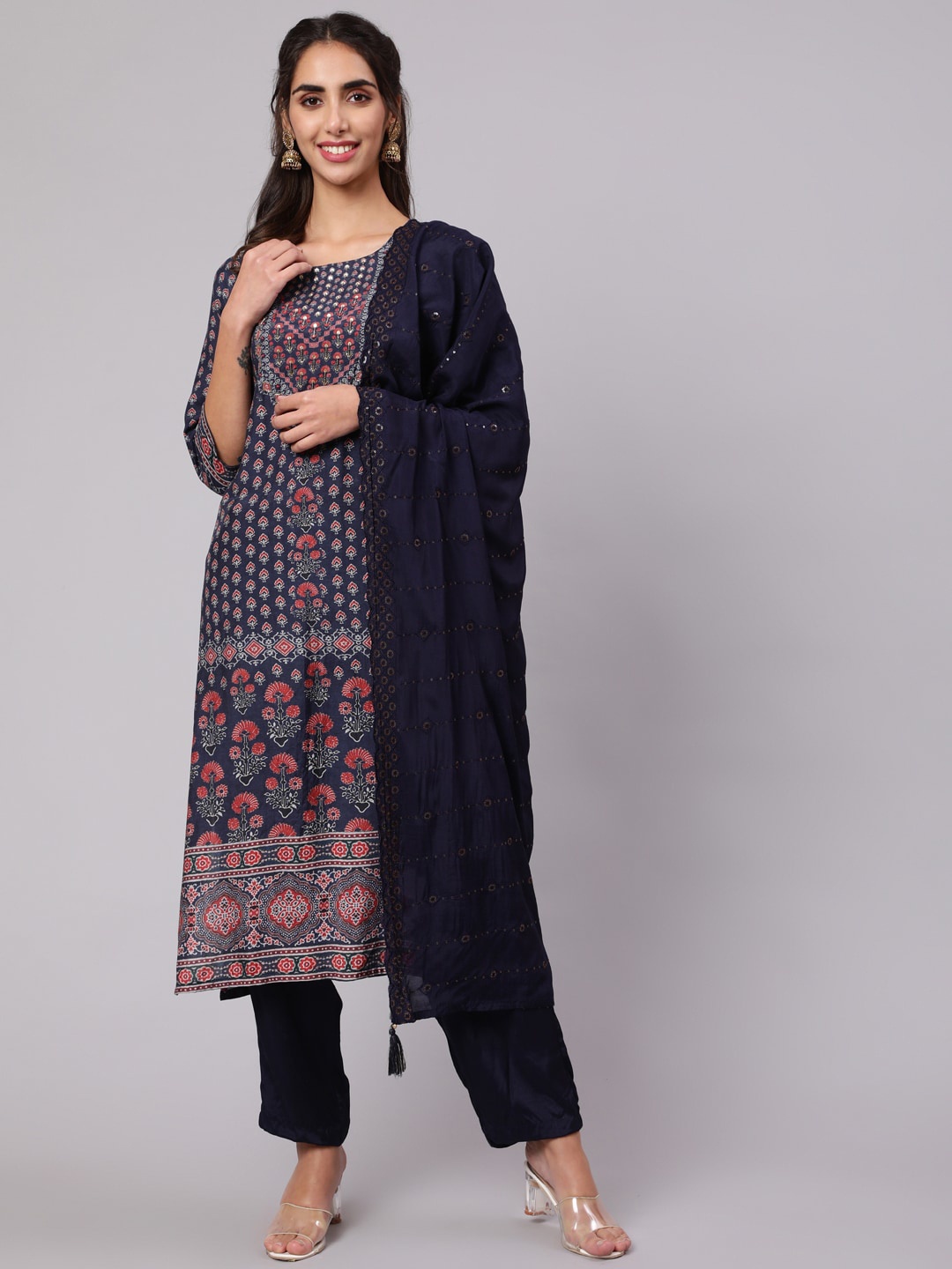 KALINI Ethnic Motifs Printed Mirror Work Cotton Kurta with Trousers & With Dupatta, Blue
KALINI Ethnic Motifs Printed Mirror Work Cotton Kurta with Trousers & With Dupatta, Blue