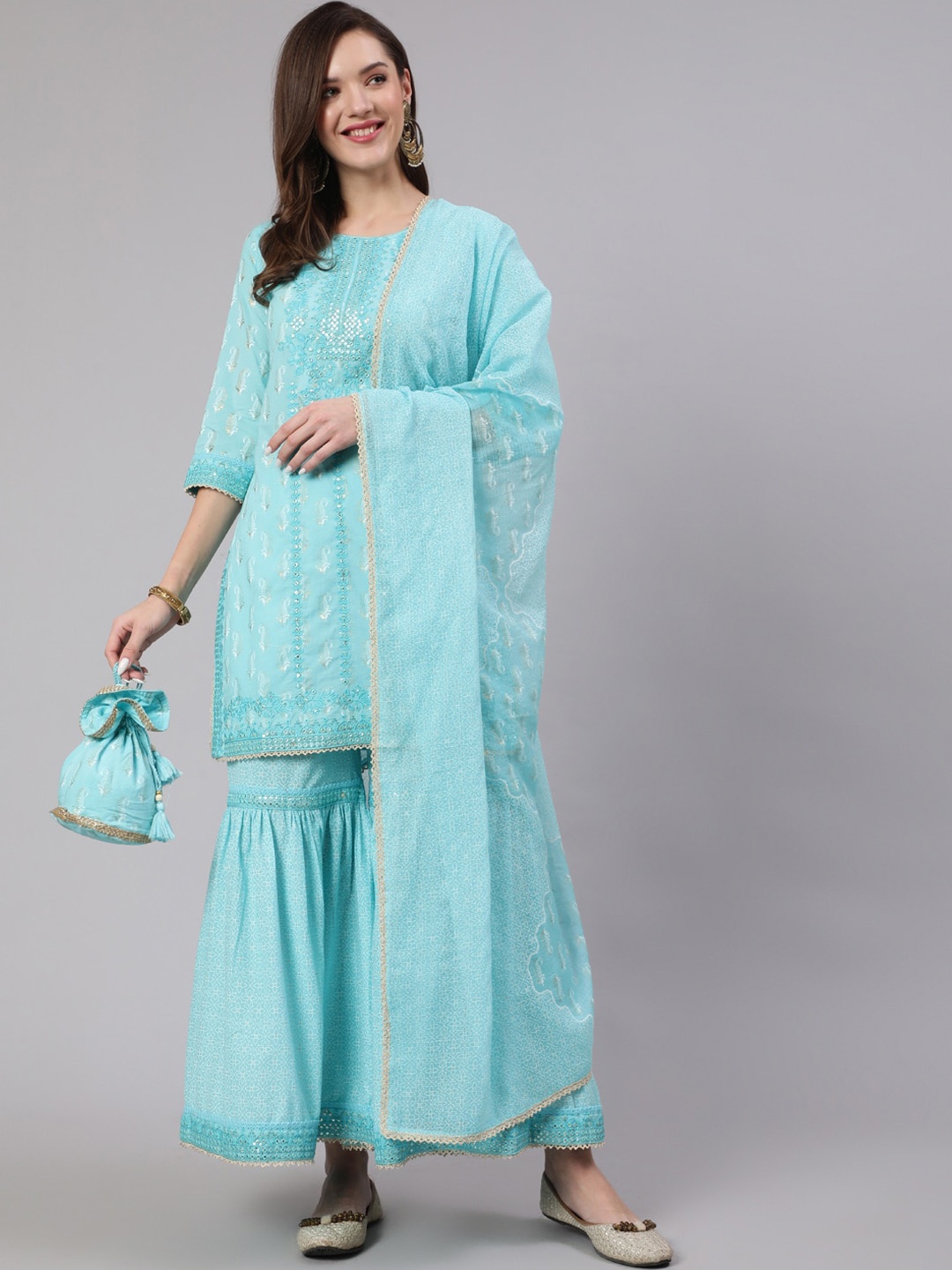 KALINI Women Paisley Printed Sequinned Pure Cotton Kurta with Sharara & With Dupatta, Blue
KALINI Women Paisley Printed Sequinned Pure Cotton Kurta with Sharara & With Dupatta, Blue
