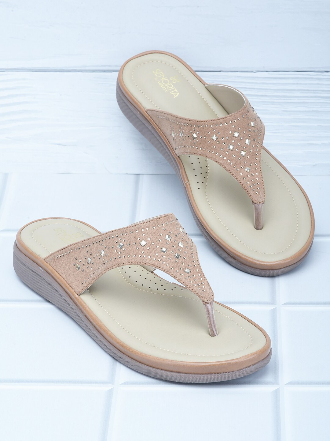 Liberty Women Embellished T-Strap Flats, Tan 
Liberty Women Embellished T-Strap Flats, Tan