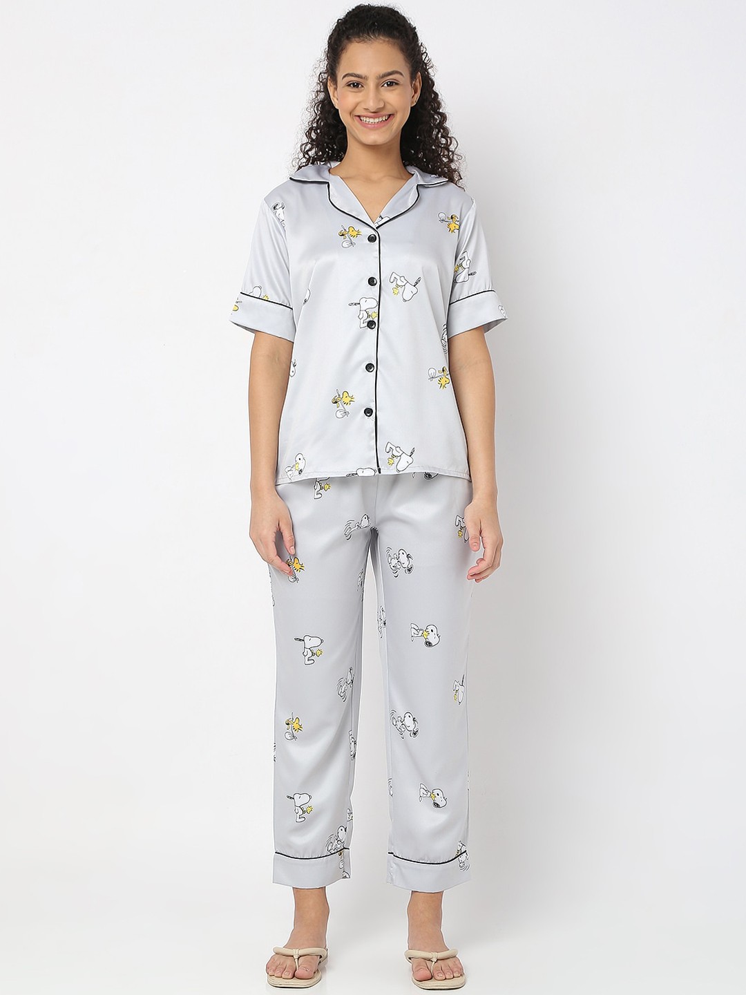 Smarty Pants Women Printed Satin Night suit, Grey