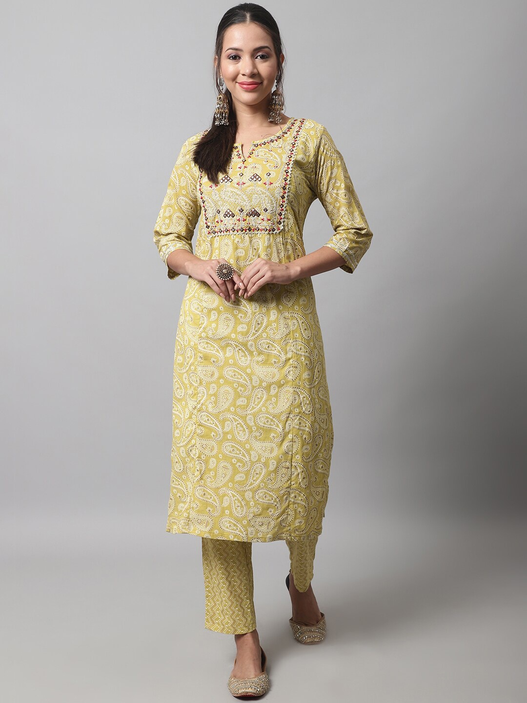 KALINI Ethnic Motifs Embroidered Mirror Work Notch Collar Pure Cotton Kurta with Trousers, Mustard
KALINI Ethnic Motifs Embroidered Mirror Work Notch Collar Pure Cotton Kurta with Trousers, Mustard