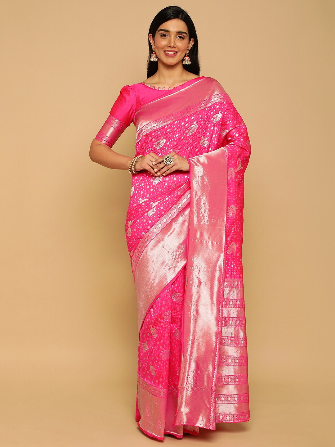 Satrani Ethnic Motifs Zari Banarasi Saree, Pink