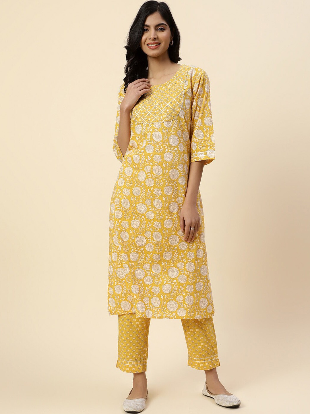 Meena Bazaar Women Floral Printed Thread Work Pure Cotton Kurta with Trousers, Yellow
Meena Bazaar Women Floral Printed Thread Work Pure Cotton Kurta with Trousers, Yellow