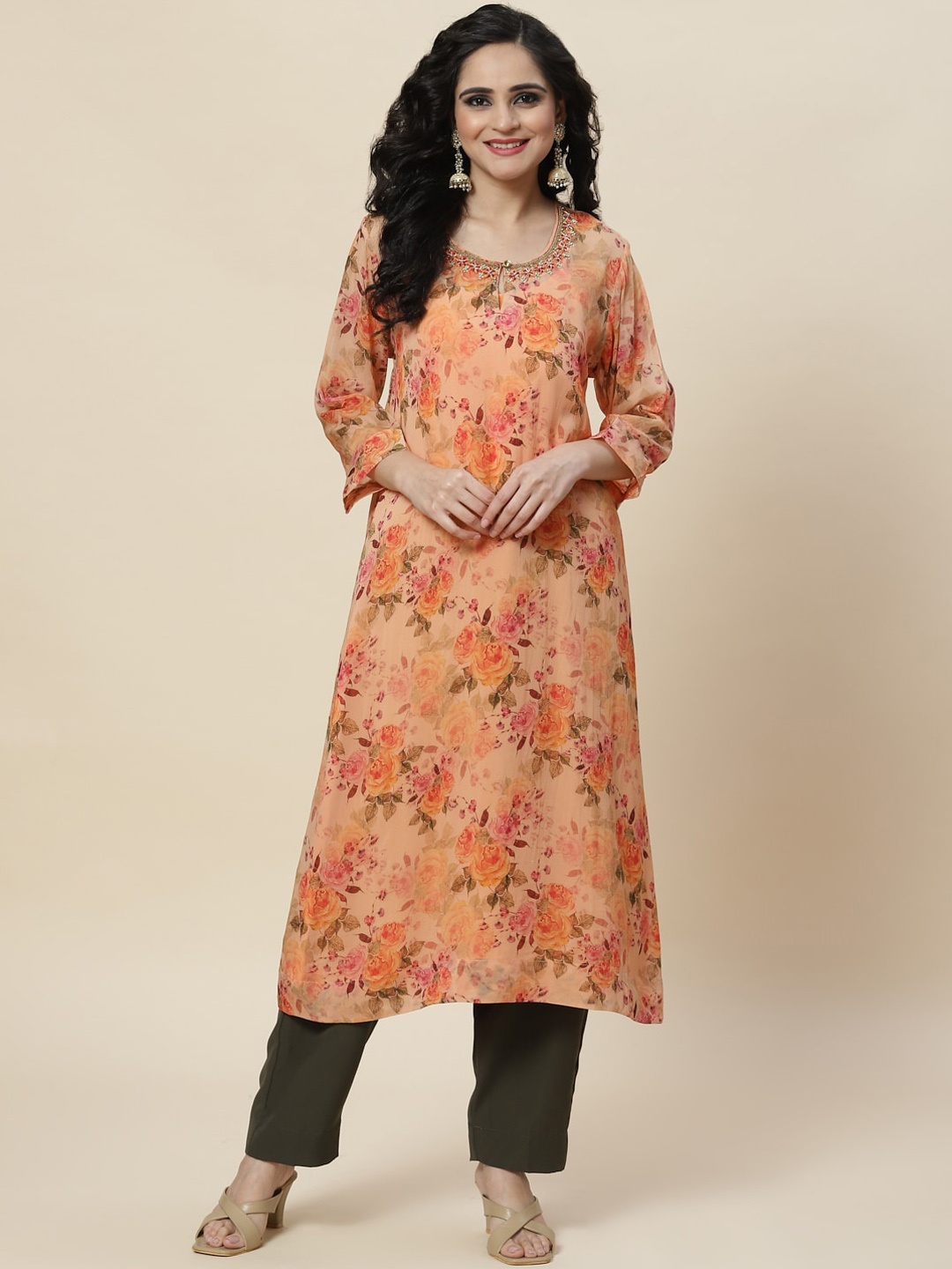 Meena Bazaar Women Floral Printed Beads and Stones Detailed Kurta with Palazzos, Peach
Meena Bazaar Women Floral Printed Beads and Stones Detailed Kurta with Palazzos, Peach