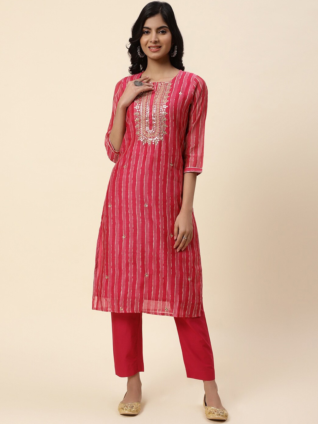 Meena Bazaar Women Striped Mirror Work Notch Neck Chanderi Silk Kurta with Trousers, Pink
Meena Bazaar Women Striped Mirror Work Notch Neck Chanderi Silk Kurta with Trousers, Pink