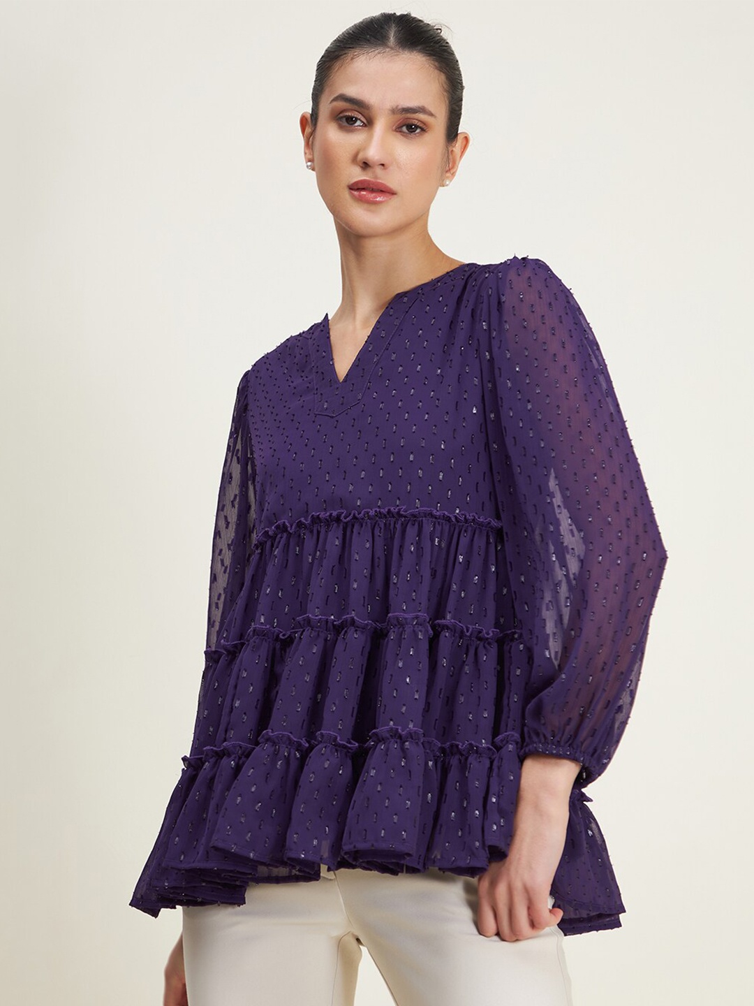 Femella Bishop Sleeves Notch Collar Top, Purple
