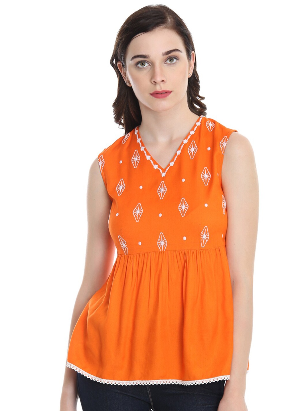 DODO & MOA Orange & White Geometric Embroidered Top