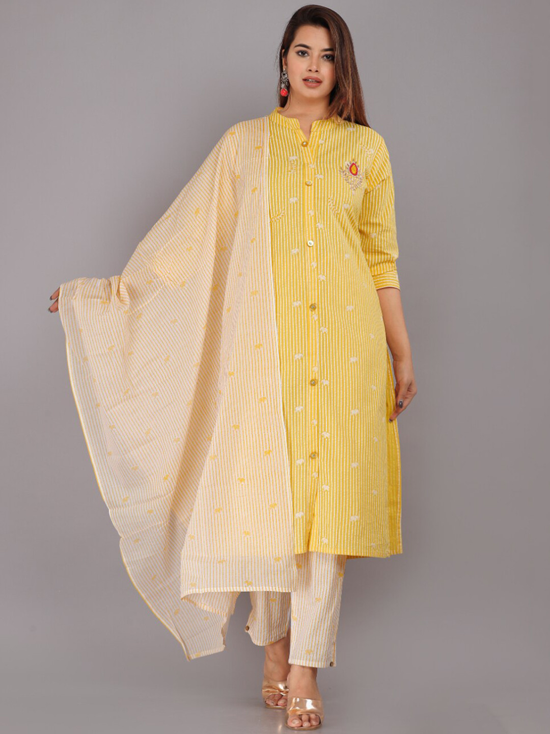 KALINI Women Striped Thread Work Kurta with Trousers & Dupatta, Yellow
KALINI Women Striped Thread Work Kurta with Trousers & Dupatta, Yellow
