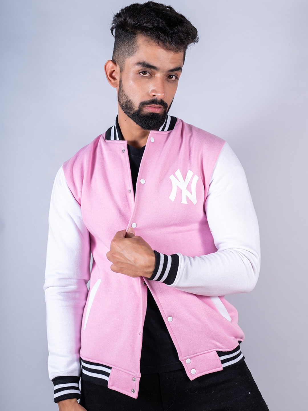 Tistabene Men Colourblocked Lightweight Cotton Varsity Jacket with Patchwork, Pink
Tistabene Men Colourblocked Lightweight Cotton Varsity Jacket with Patchwork, Pink
