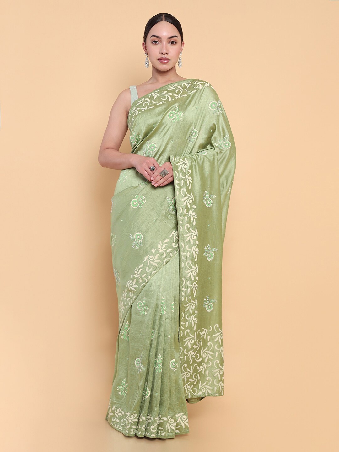 Soch Ethnic Motifs Silk Blend Saree, Green