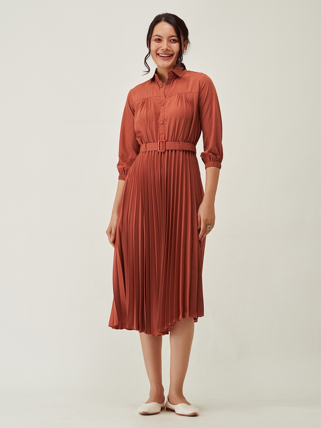 AASK Puff Sleeves Belted Shirt Midi Dress, Rust