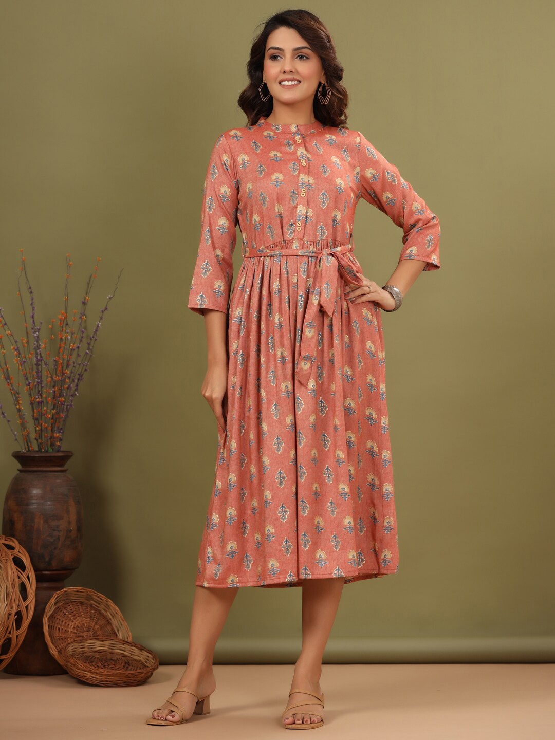 ETHNIC STREET Floral Printed A-Line Midi Dress, Peach