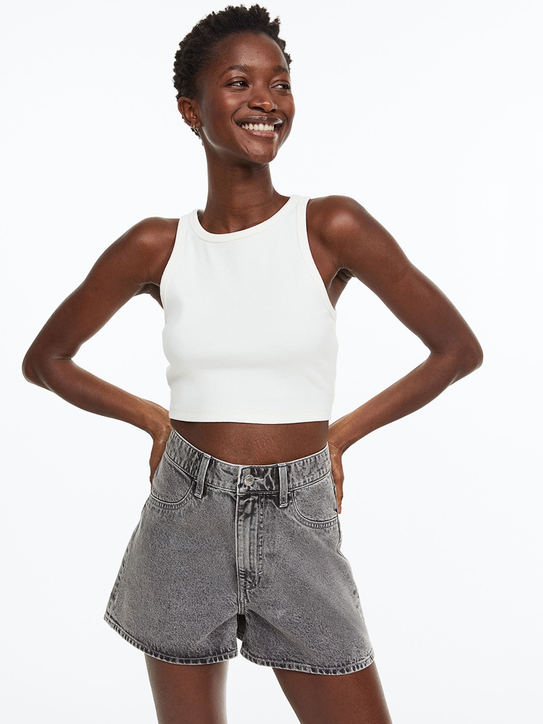 H&M Women Curvy Fit Denim Shorts, Grey