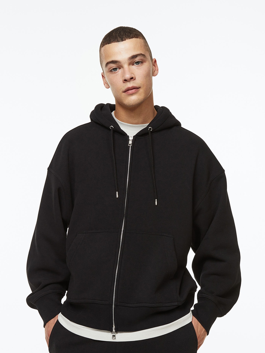 H&M Men Oversized Fit Zip-Through Hoodie, Black