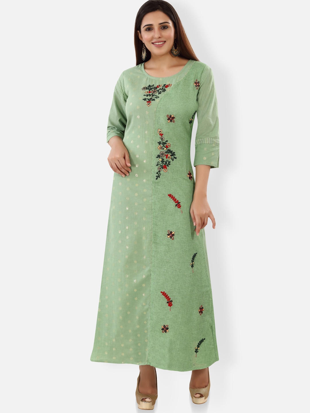 FEMMIBELLA Women Embroidered Floral Round Neck Cotton Kurta, Sea green