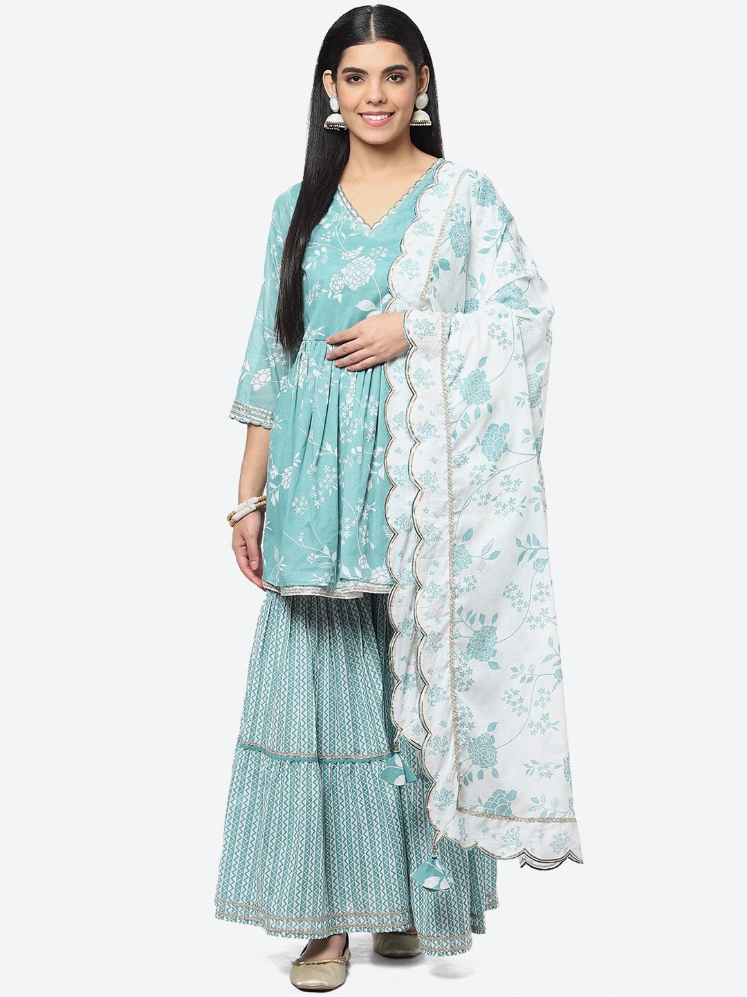 Biba Floral Printed Pleated Sequinned Voile Kurti with Sharara & With Dupatta, Sea green
Biba Floral Printed Pleated Sequinned Voile Kurti with Sharara & With Dupatta, Sea green