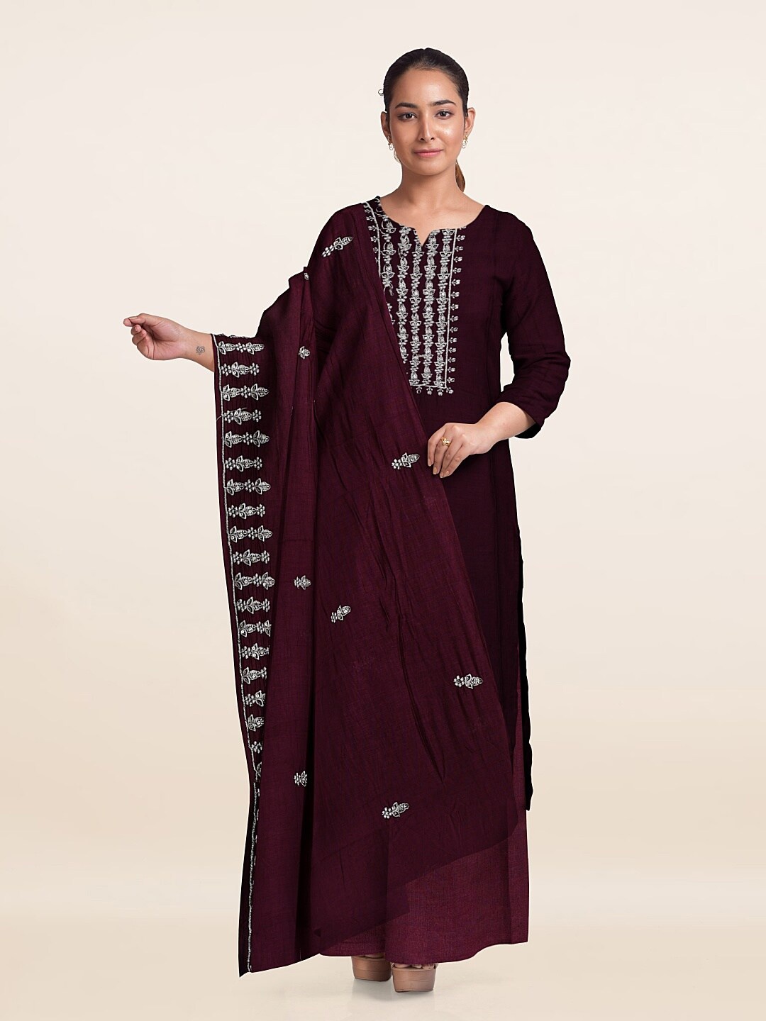 Pothys Embroidered Unstitched Dress Material, Burgundy