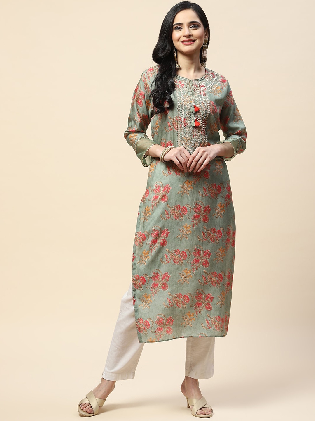 Meena Bazaar Women Printed Tie-Up Neck Kurta, Sea green