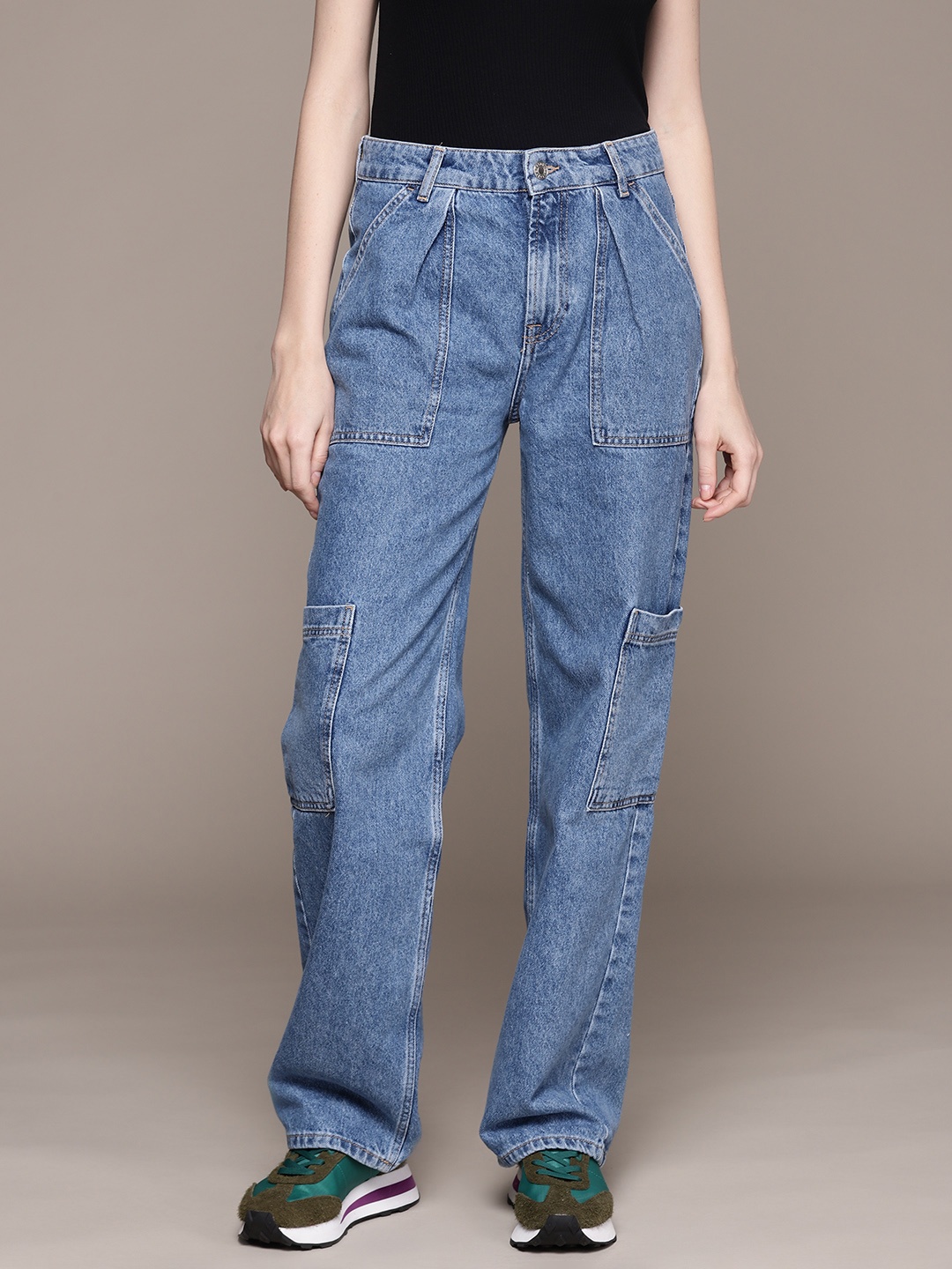 MANGO Women Cotton Straight Leg Cargo, Blue